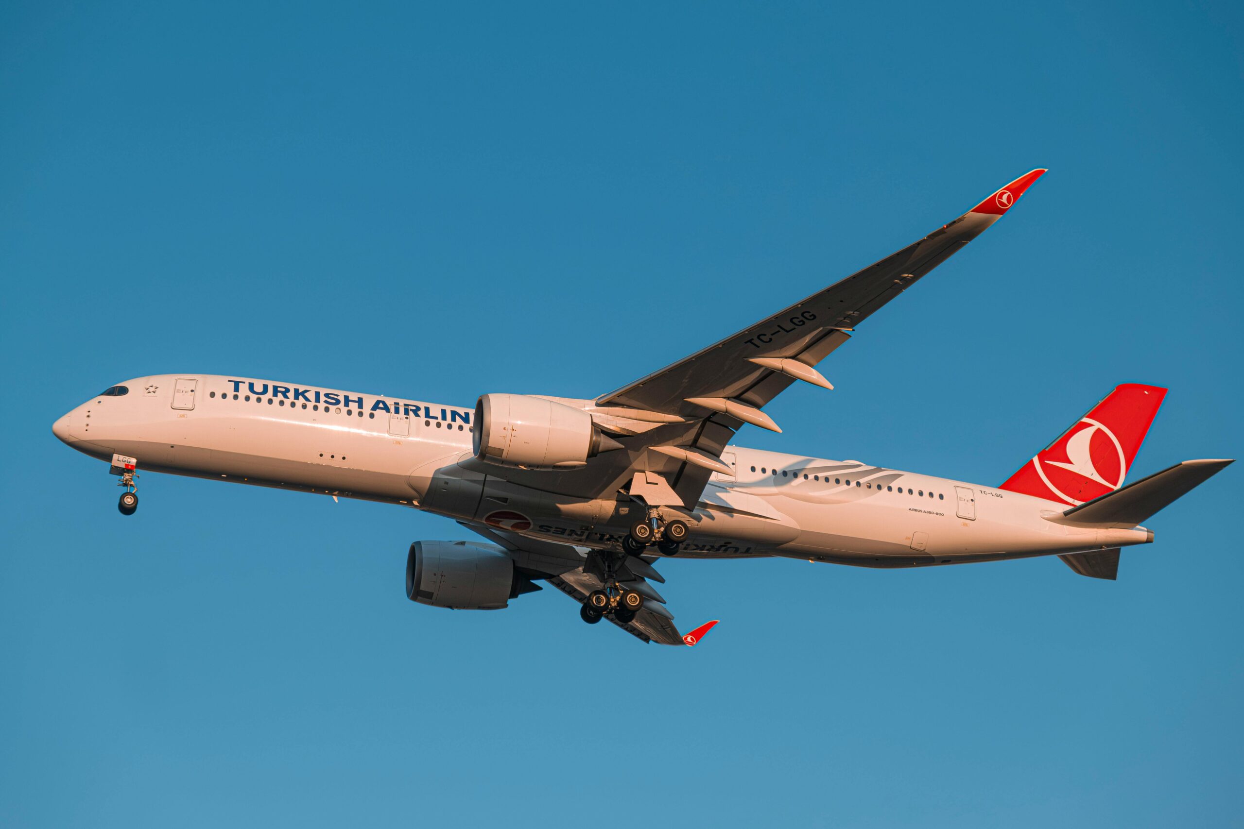 Turkish Airlines Airbus A350 soaring through clear blue skies.